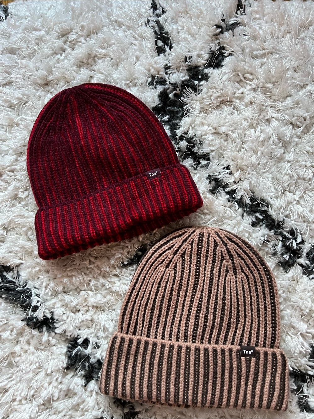 TNA Two-Tone Ribbed Beanie - Burgundy & Taupe